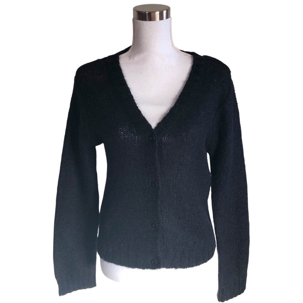 VINTAGE 80s Trimmings Black V-Neck Wool Mohair Acrylic Blend Cardigan Medium